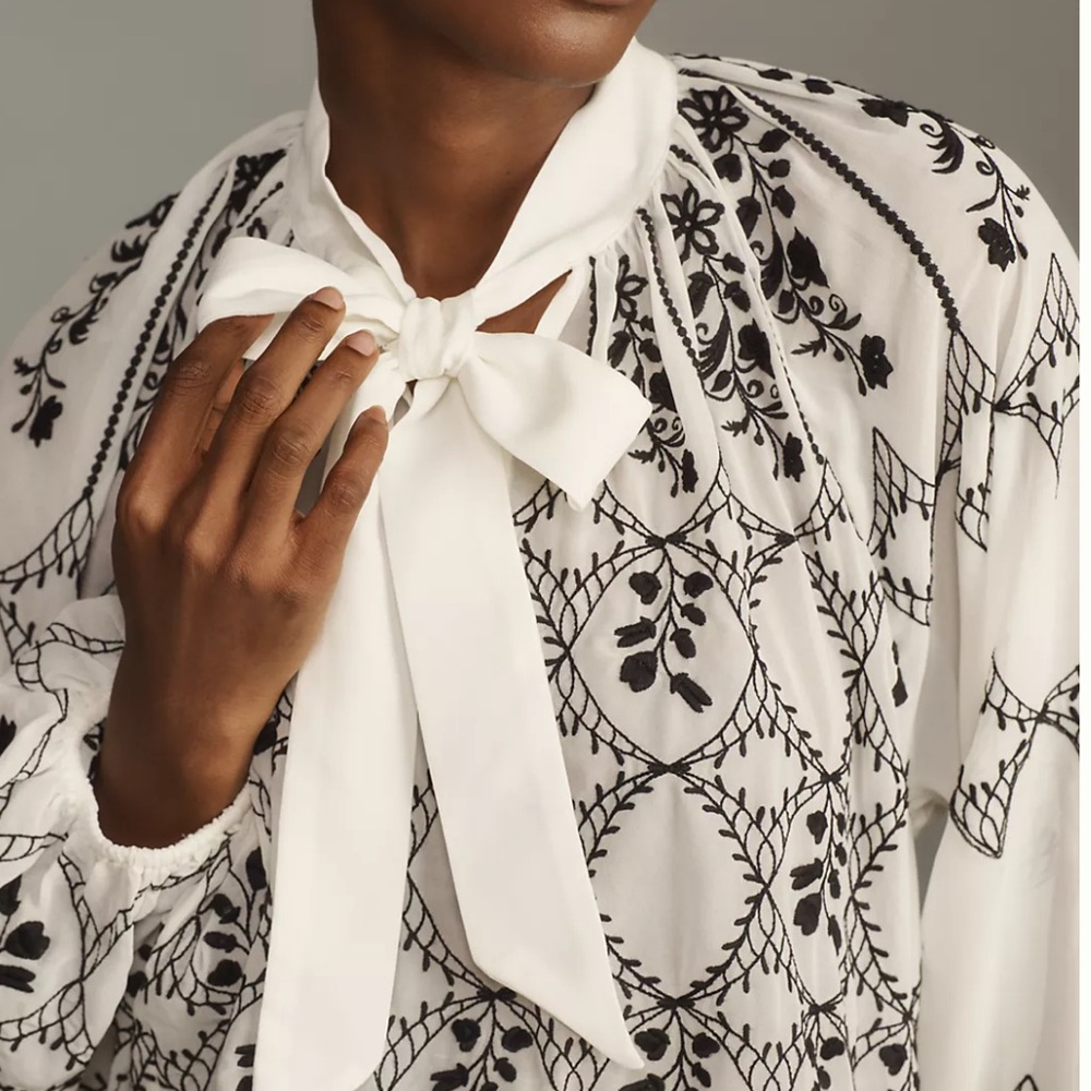 BY ANTHROPOLOGIE LONG-SLEEVE TIE-NECK EMBROIDERED BLOUSE - Picture 3 of 13